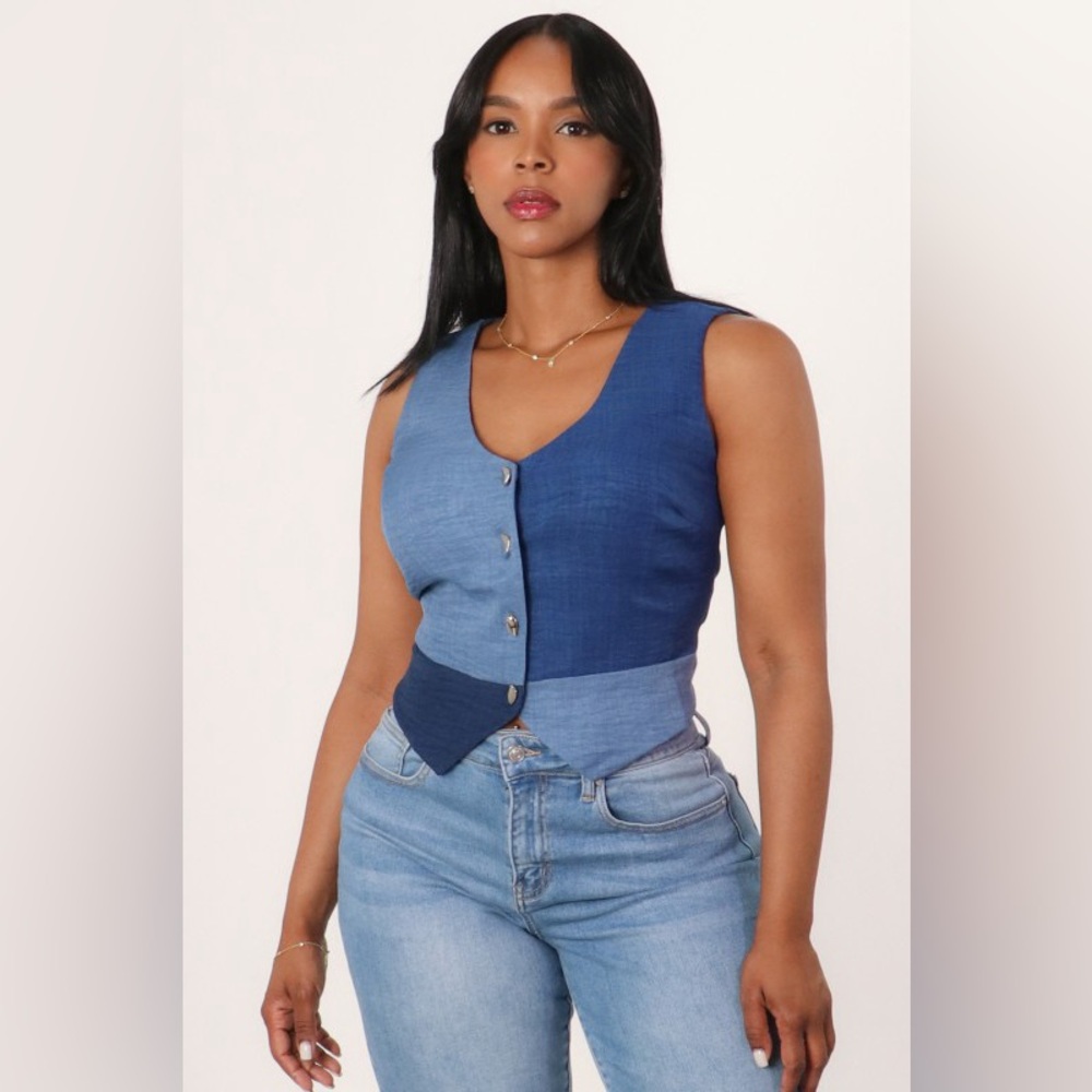 Blue Colorblock Button-Up Vest